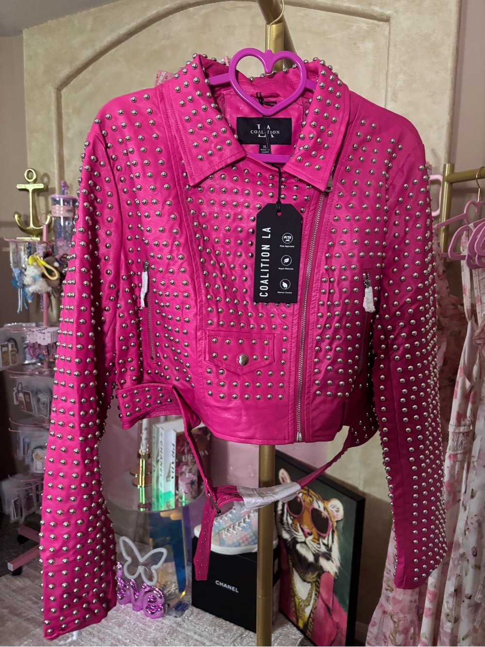 P-010 LA Coalition Women's Studded l Pink PU Leather Jacket